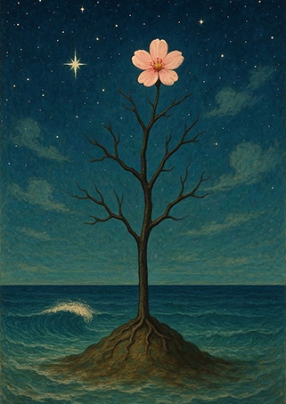 A solitary tree standing on a small island in the ocean beneath a starry sky, crowned with one flower
