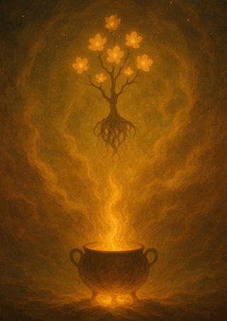黄金色の炎を湛えた器から、根のない花樹が立ち昇る写意画