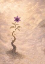 淡い金色の光に包まれ、根なき樹に紫の花が一輪咲く写意画