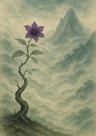 霧に包まれた山を背景に、紫の花を咲かせる細い樹を描いた写意画