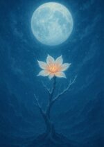 深い青の夜空と満月の下、白く輝く蓮の花を咲かせた無根の樹の写意画