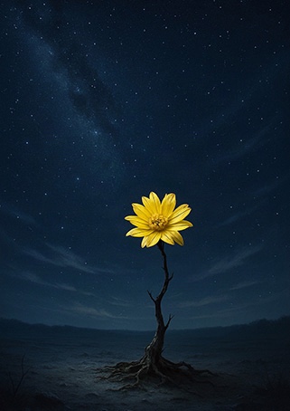 A single yellow flower blooming on a rootless tree against a dark night sky, Xieyi style