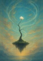 宙に浮かぶ島の上に立つ無根の樹と白い花、渦巻く空気を描いた写意画