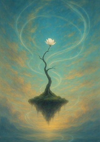 A white flower on a rootless tree growing from a floating island in a swirling sky, Xieyi style