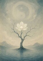穏やかな水面に立つ無根の樹と白い花、その背後に淡い太極図が浮かぶ写意画