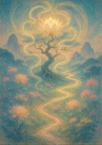 金色の光の道と、頂に光る花を戴く無根の樹、周囲に咲く蓮を描いた写意画