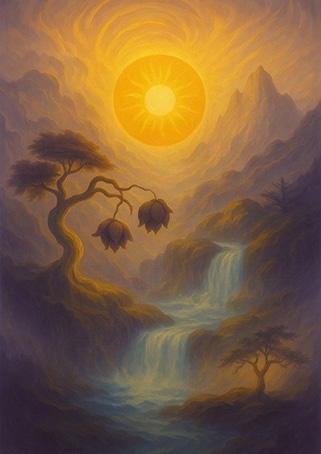 A golden sun illuminating mountains and waterfalls in a cyclical landscape, Xieyi style
