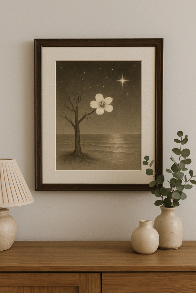 木製のキャビネットの上に陶器の花瓶とランプが置かれ、壁には星空の下で花を咲かせる木を描いた写意画が飾られているインテリア