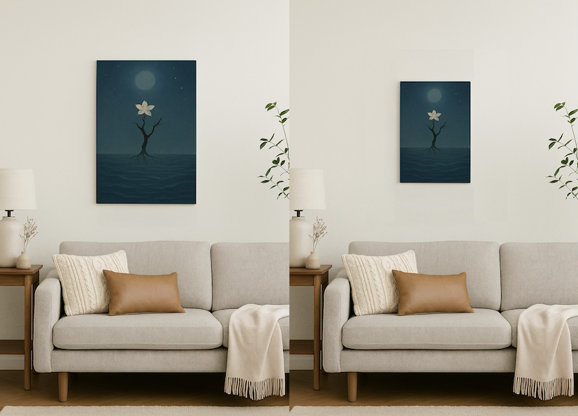 Xieyi-style paintings displayed above a sofa in a living room. The left shows a large A2 canvas, and the right a smaller A3 canvas, highlighting the difference in scale.