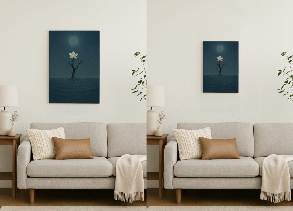 Xieyi-style paintings displayed above a sofa in a living room. The left shows a large A2 canvas, and the right a smaller A3 canvas, highlighting the difference in scale.