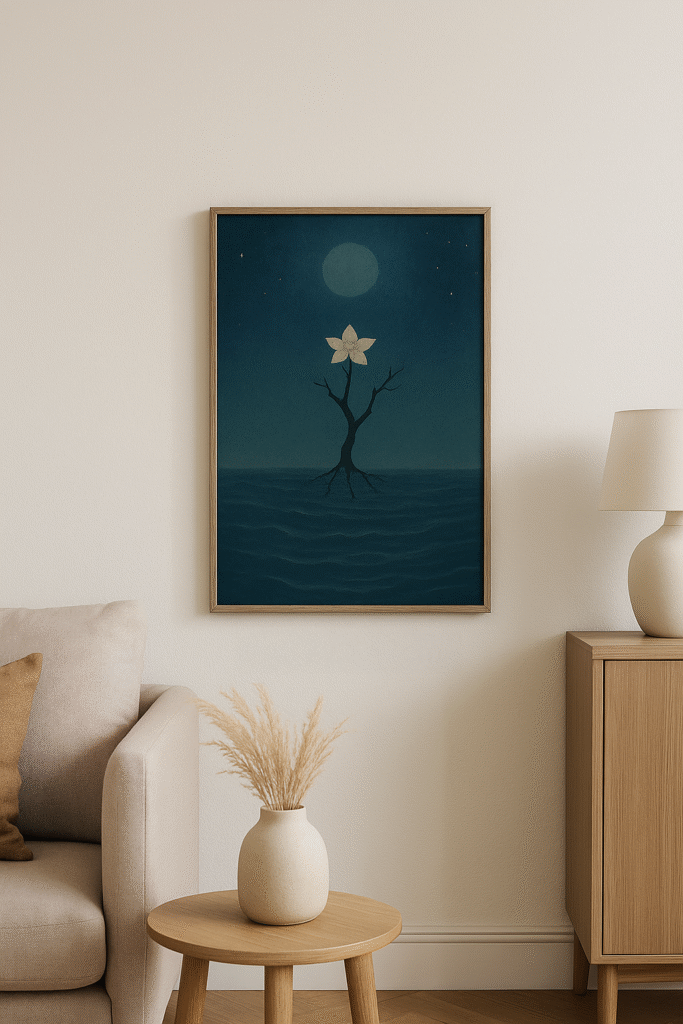 リビングの壁にA2サイズの額入り写意画が飾られ、ソファや観葉植物と調和した落ち着いた空間