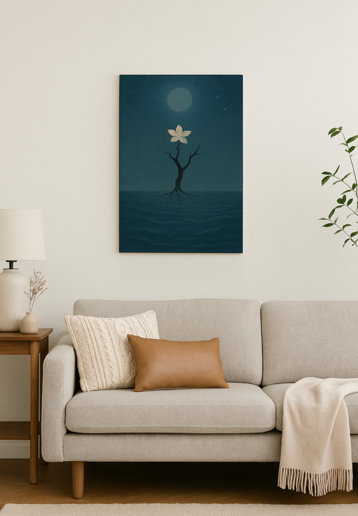Unframed A2 canvas xieyi painting displayed above a sofa, depicting a white flower blooming over the night sea under the moonlight.