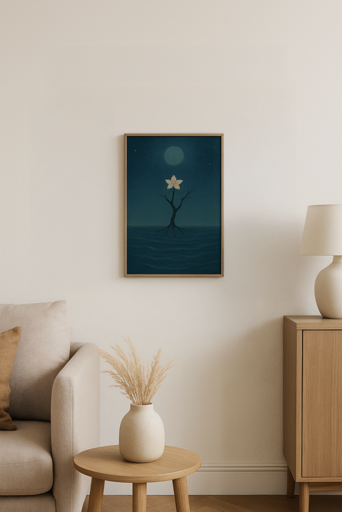 リビングの壁にA3サイズの額入り写意画が飾られ、ソファや観葉植物と調和した落ち着いた空間