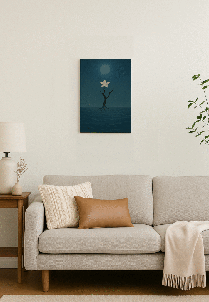 Unframed A3 canvas xieyi painting displayed above a sofa, depicting a white flower blooming over the night sea under the moonlight.