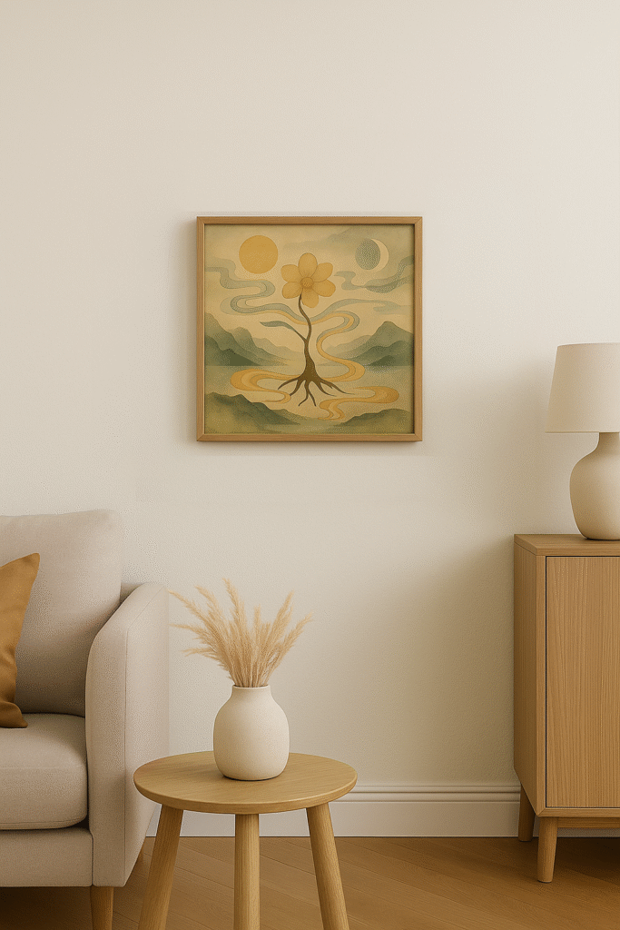 リビングの壁に飾られたS4サイズの額入り写意画。太陽と月に照らされる幻想的な花が描かれ、ナチュラルな木製家具と共鳴している。