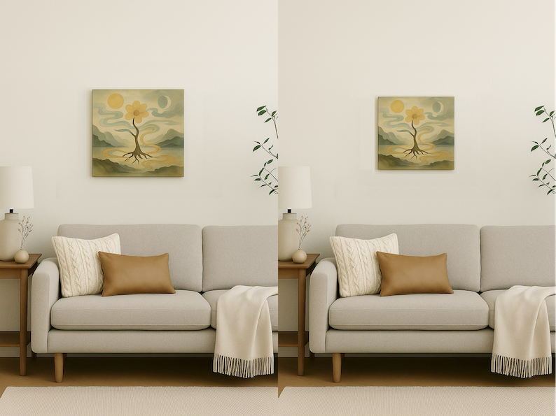 A Japanese-style symbolic painting displayed in a modern living room, comparing S6 and S4 canvas sizes without frames above a sofa, showing the difference in scale.
