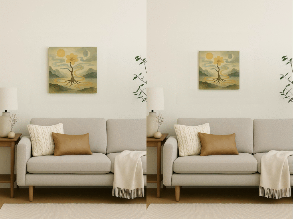 Comparison of frameless canvas works in S6 size and S4 size decorated in a natural living room. Each is displayed on the wall on the sofa, and you can see the difference in size.