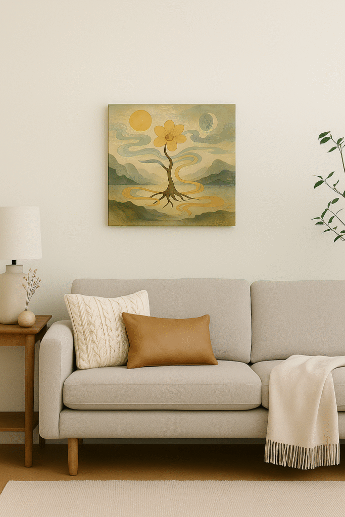 白い壁にS6サイズの額無しキャンバス絵画を飾ったリビング。ソファとクッション、サイドテーブル、観葉植物が調和する落ち着いた空間。