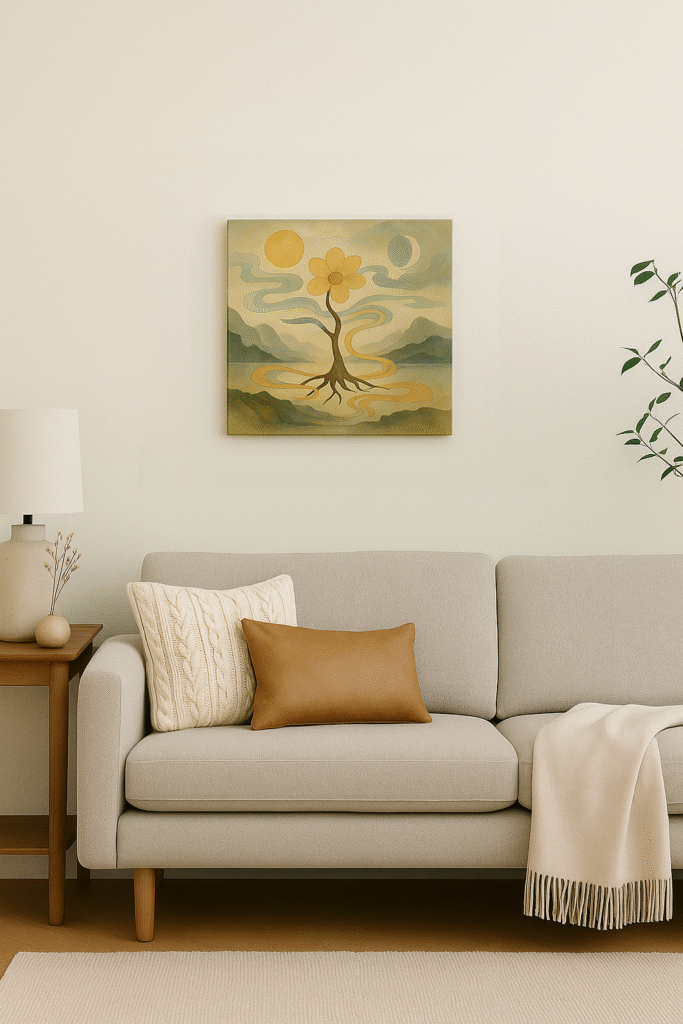 A living room with a white wall featuring an S6 size unframed canvas painting, paired with a sofa, cushions, side table, and indoor plant in a calm, natural style.