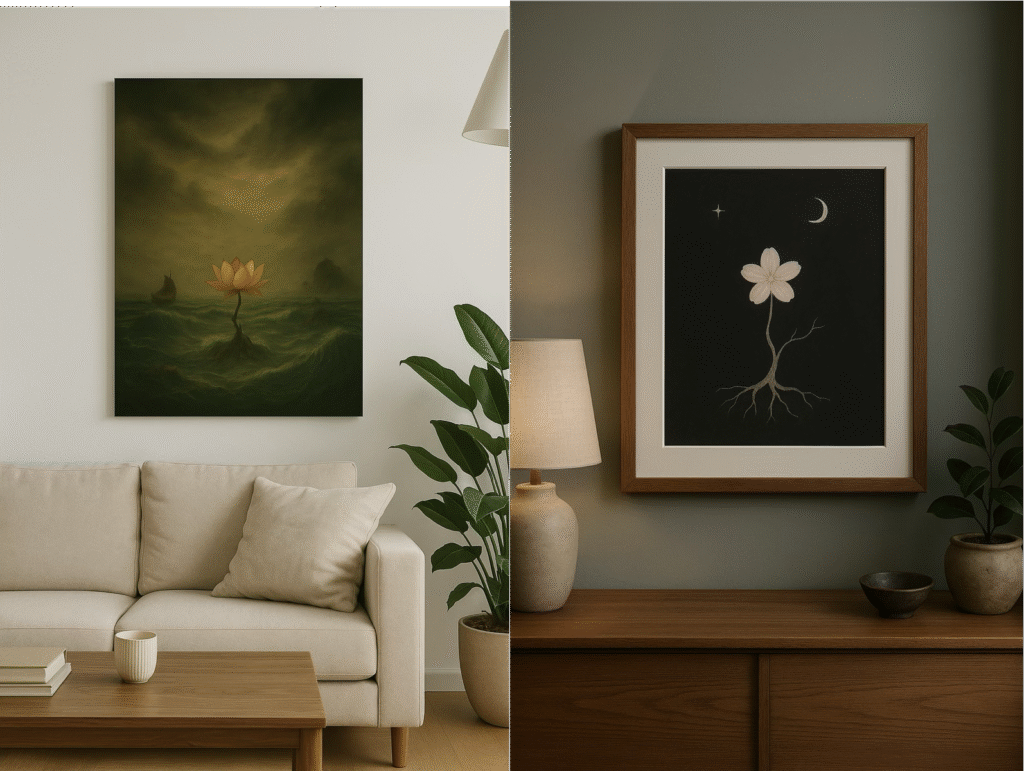 Xieyi painting “The Rootless Tree” displayed in a living room with sofa and sideboard