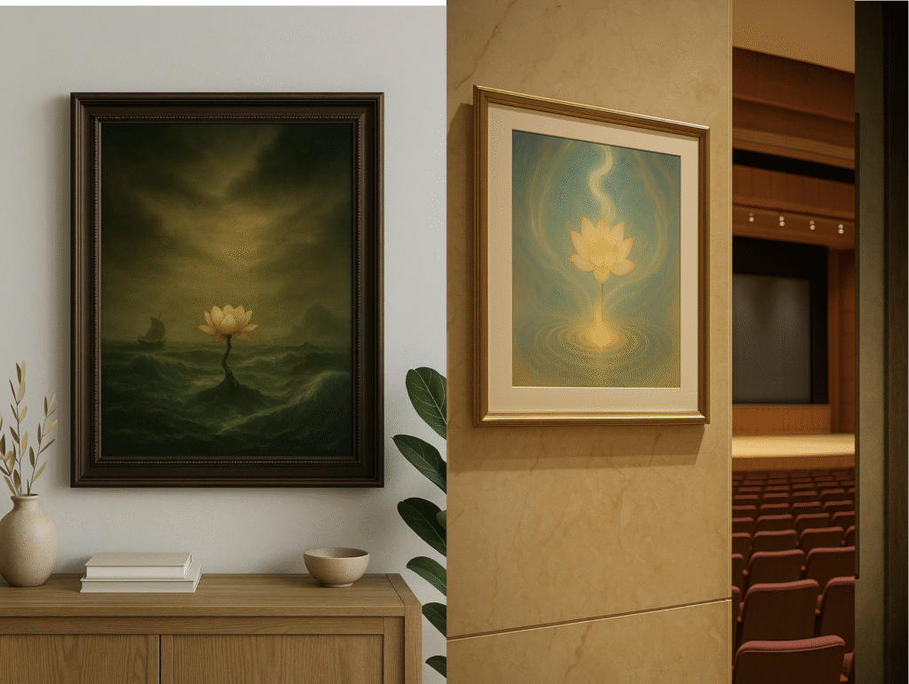 Xieyi painting of a lotus blooming in stormy waves displayed in a living room, and a glowing lotus painting in a golden frame at the hall entrance
