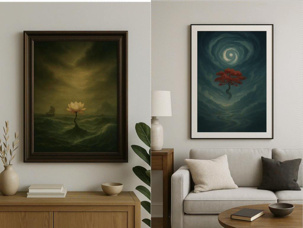 Two Xieyi paintings displayed in a living room interior. On the left, a white lotus blooms amidst stormy waves; on the right, a red tree rises within a swirling sky.
