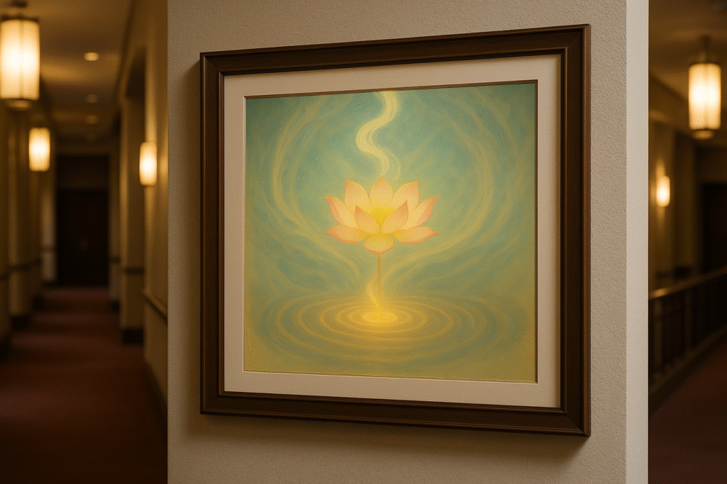 A framed xieyi painting of a lotus displayed on the wall of a concert hall corridor, softly illuminated to create a serene atmosphere.