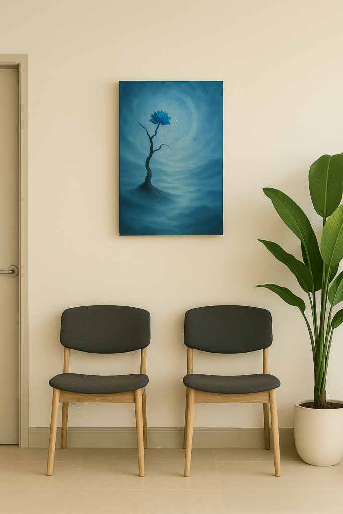 An unframed xieyi-style canvas painting with a blue flower displayed on the wall of a clinic waiting room.