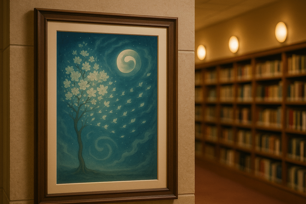 図書館の壁に飾られた写意画。満月と舞う花びらを描いた幻想的な絵画が、書架の並ぶ空間を優しく照らしている。