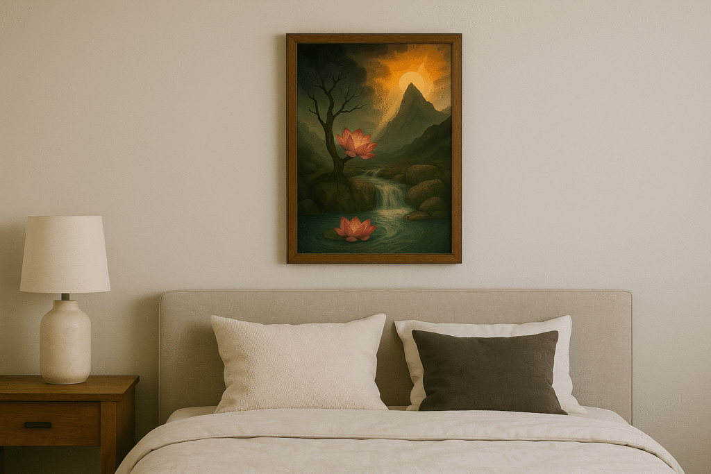 Interior of a bedroom with a framed xieyi painting above the bed, depicting mountains, a waterfall, and blooming flowers in a mystical light.