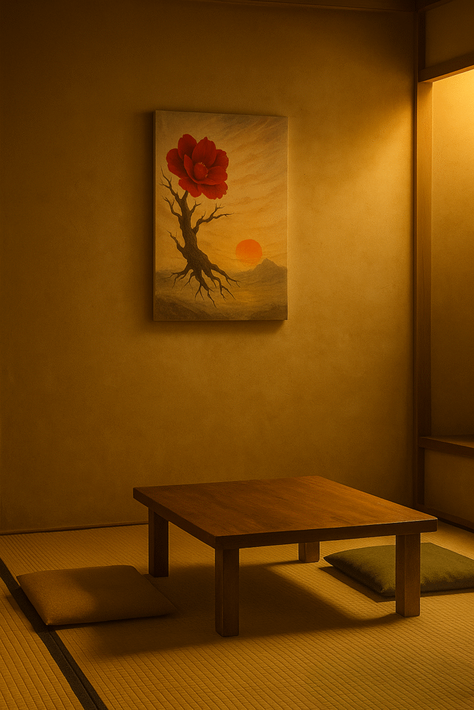 Unframed canvas painting in a traditional tatami room. A tree with a vivid red flower under the setting sun, illuminated by warm ambient light.