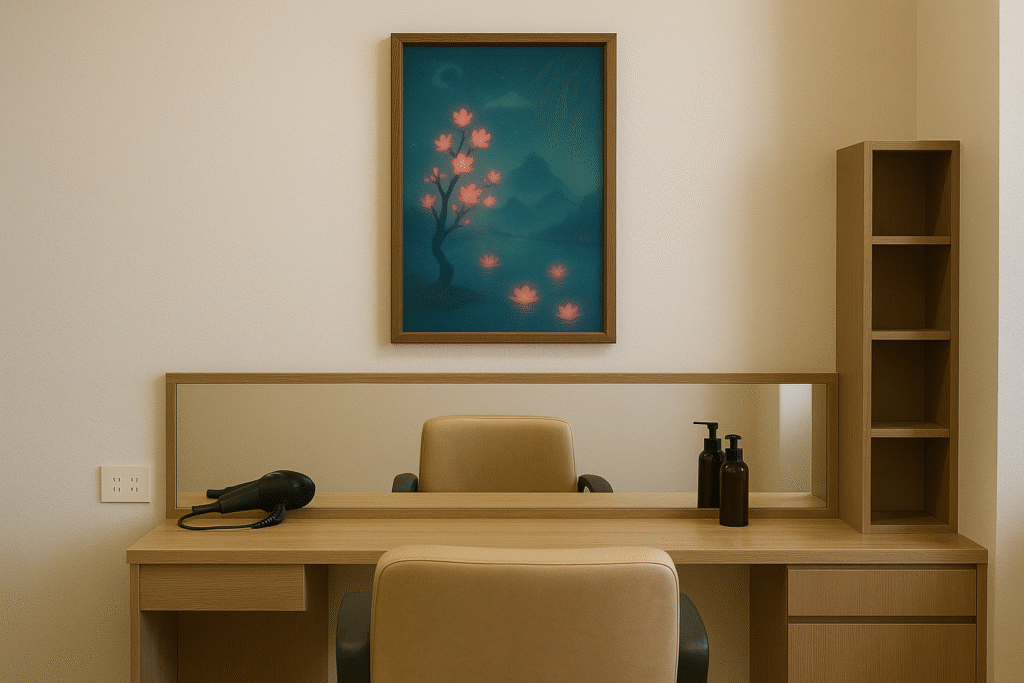 木の枝に咲く幻想的な赤い花の写意画が、美容院のドレッサー前の壁に飾られている様子