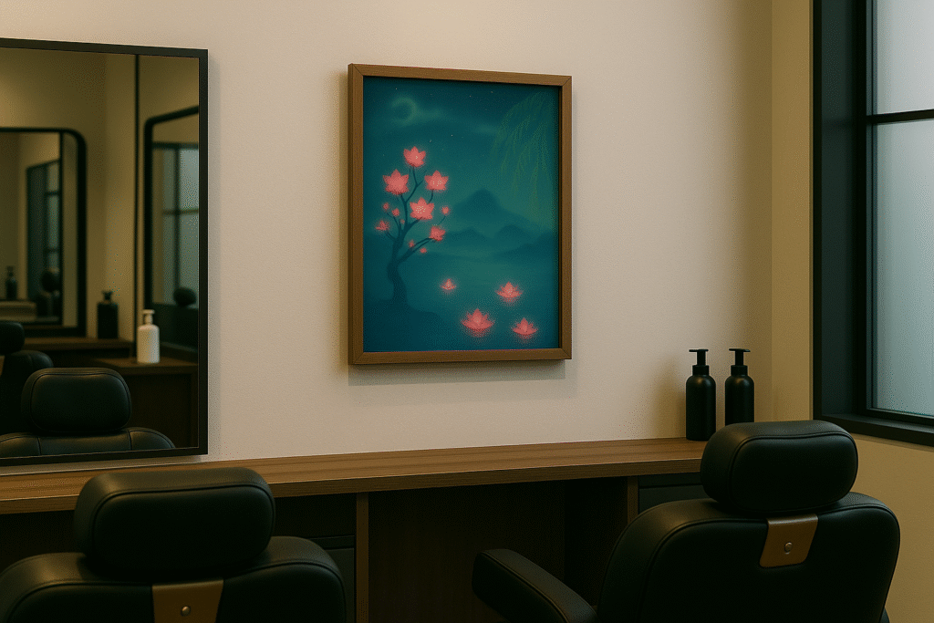 美容院の店内、鏡の横の壁に額装された写意画が飾られている様子。落ち着いた空間に幻想的な花の絵が温かさを添えている。