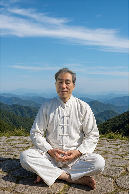 A recent portrait of the artist seated on a mountain summit, dressed in traditional white Tai Chi clothing. The image reflects harmony with nature and the Daoist philosophy embodied in the Rootless Tree paintings.