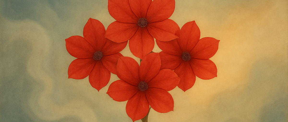 赤い花が五輪咲き誇り、淡い空と雲の流れの中に浮かぶ写意画。道家の陰陽と自然の循環を象徴する一部をトリミングした画像。