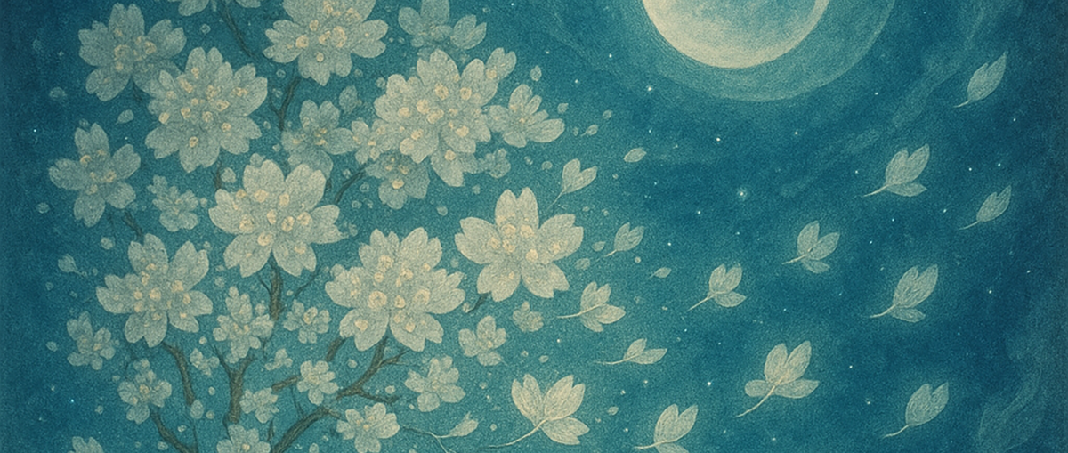 満月の下、夜空に舞い上がる花びらと咲き誇る樹を描いた写意画の一部。幻想的な光景が、自然と心の調和を象徴しています。