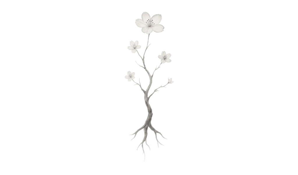 A xieyi painting on a white background, depicting a tree-like form growing from roots with delicate white blossoms. It symbolizes the cycle of life and spiritual purity, bringing a sense of calm harmony to the account page background.
