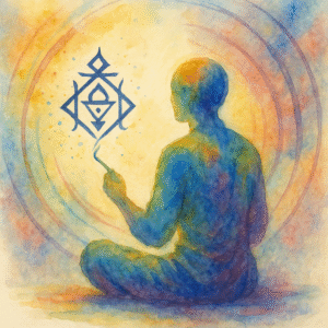 An illustration of a seated figure holding a Taoist symbolic diagram, painted in the style of xieyi. The artwork embodies the flow of qi, resonating with the viewer’s spirit and inviting harmony between heaven, earth, and the inner self.