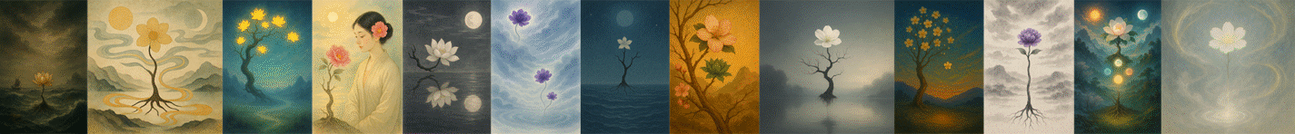 Banner representing Mukyoku Kan’s “Rootless Tree Series” paintings. Each artwork features flowers and trees as central motifs, inspired by Daoist philosophy and Tai Chi harmony, offering canvas art that brings energy and serenity to any space.