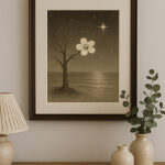 木製のキャビネットの上に陶器の花瓶とランプが置かれ、壁には星空の下で花を咲かせる木を描いた写意画が飾られているインテリア