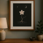 木製のキャビネットの上にランプと鉢植えが置かれ、その上の壁に月と星と花を描いた写意画が飾られている落ち着いたインテリア