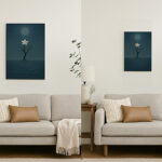 リビングのソファ上に飾られた写意画。左に大きなA2サイズ、右に小さなA3サイズのキャンバス作品が並び、サイズ感の違いを比較できる。