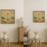 リビングの壁に飾られたS6サイズ（左）とS4サイズ（右）の額入り写意画。ナチュラルな家具と調和し、サイズの違いによる印象を比較できる。