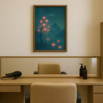 木の枝に咲く幻想的な赤い花の写意画が、美容院のドレッサー前の壁に飾られている様子