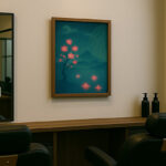 美容院の店内、鏡の横の壁に額装された写意画が飾られている様子。落ち着いた空間に幻想的な花の絵が温かさを添えている。