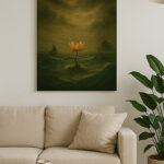 ベージュのソファの上に、荒波の中で一輪の蓮が咲く幻想的な写意画が飾られたリビングインテリア