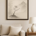 ソファの上に飾られた水墨画風の写意画。柔らかな山水を背景に一本の木が描かれ、シンプルで落ち着いた空間を演出している。