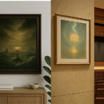 リビングの壁に掛けられた荒波の中に咲く蓮の写意画と、ホール入口に飾られた光を放つ蓮の写意画