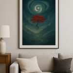 グレーの壁に赤い樹を描いた写意画が飾られたリビング。落ち着いたソファと木製テーブルが調和する空間。