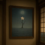 和風旅館の一室に飾られた、月夜の海に浮かぶ花を描いた写意画「無根樹」
